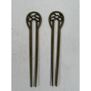 Vintage Bronze Tone Ornate Hair Fork Sticks Art Nouveau Floral Pair